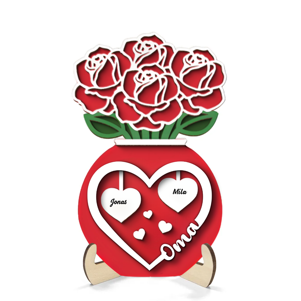 Rosenstrauß in Vase Personalisierte 2-Schicht-Holztafel für Mama und Oma