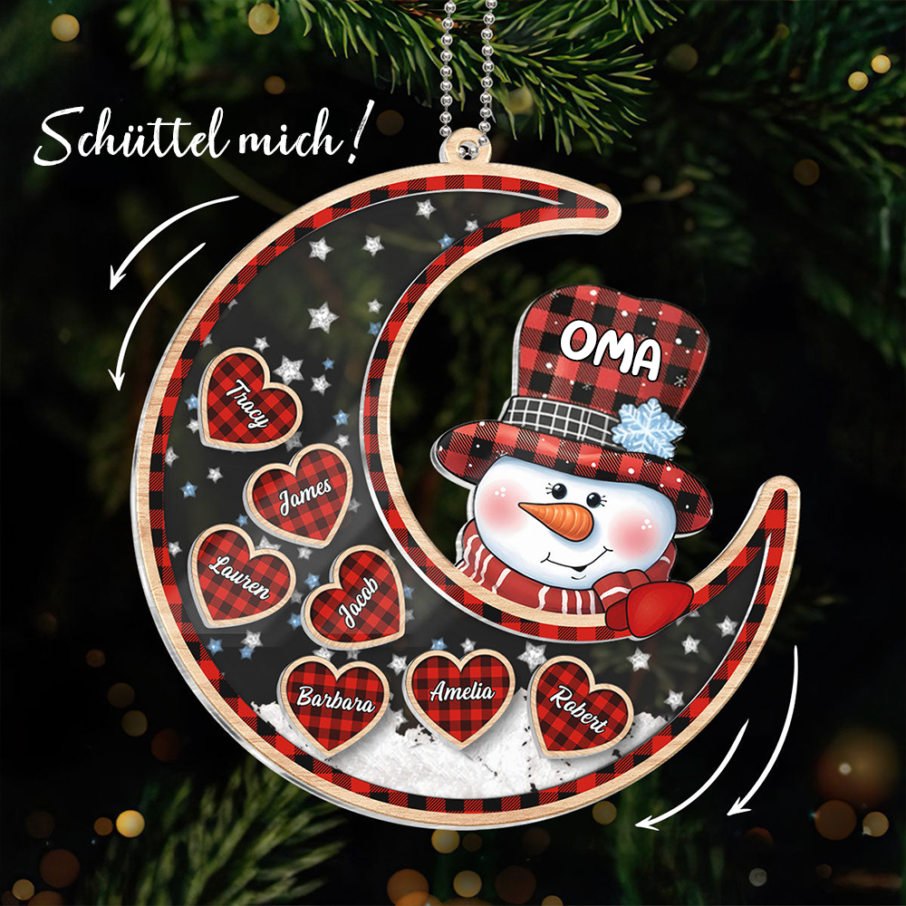 Oma Schneemann auf Mond personalisiert Shaker Ornament, Weihnachtsgeschenk für Oma & Mama