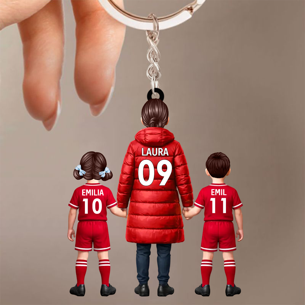 Fußballmama und Kinder- Acrylschlüsselanhänger mit Trikots und Namen