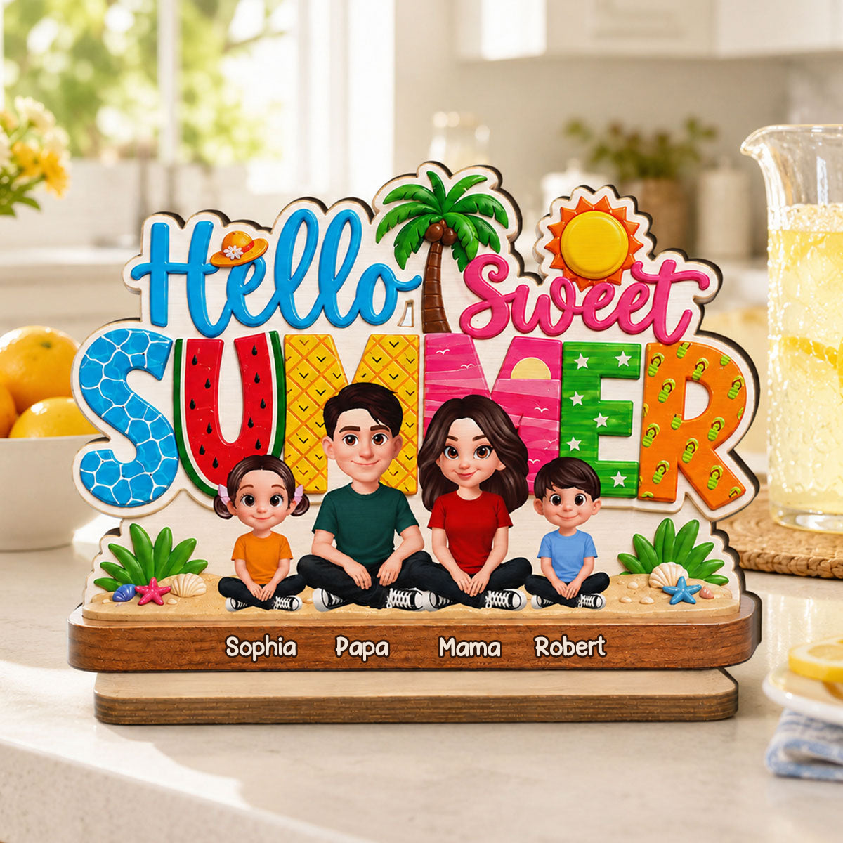 Hello Summer-Personalisierter Holzaufsteller mit Familien im Sommermotiv