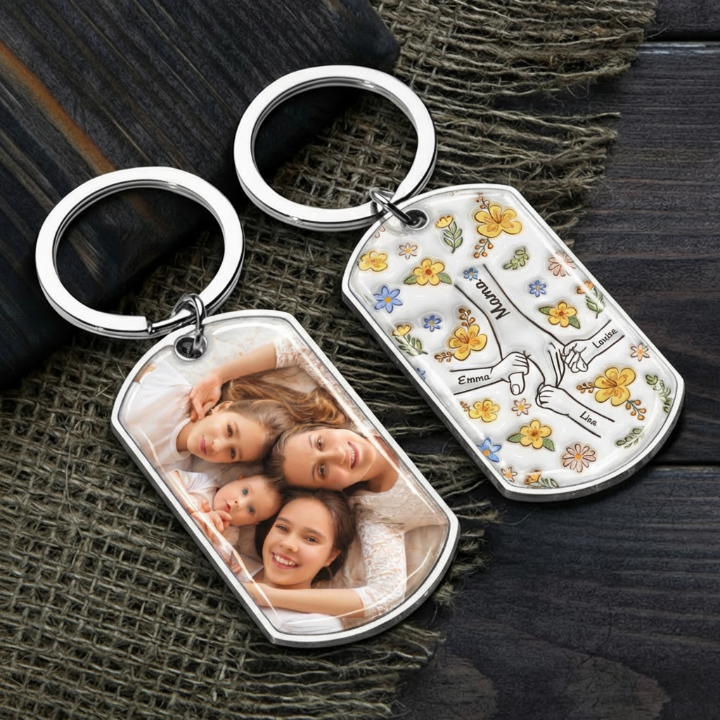 Hand in Hand - Personalisierter Foto-Edelstahl-Schlüsselanhänger mit Expoxidharz Geschenk für Mama und Oma