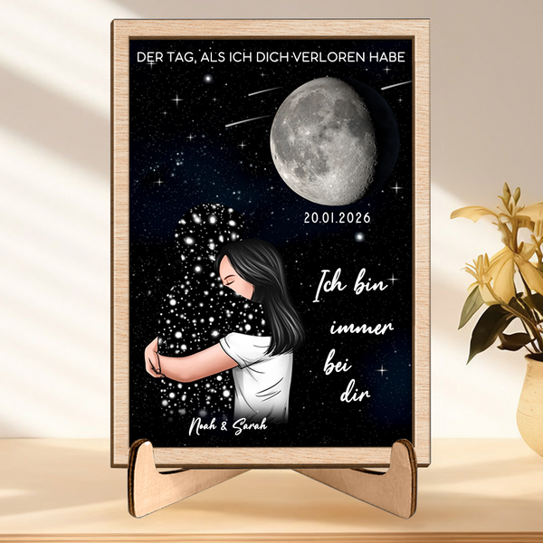Personalisierter Holzaufsteller mit Mondphase zum liebevollen Gedenken Trauergeschenk