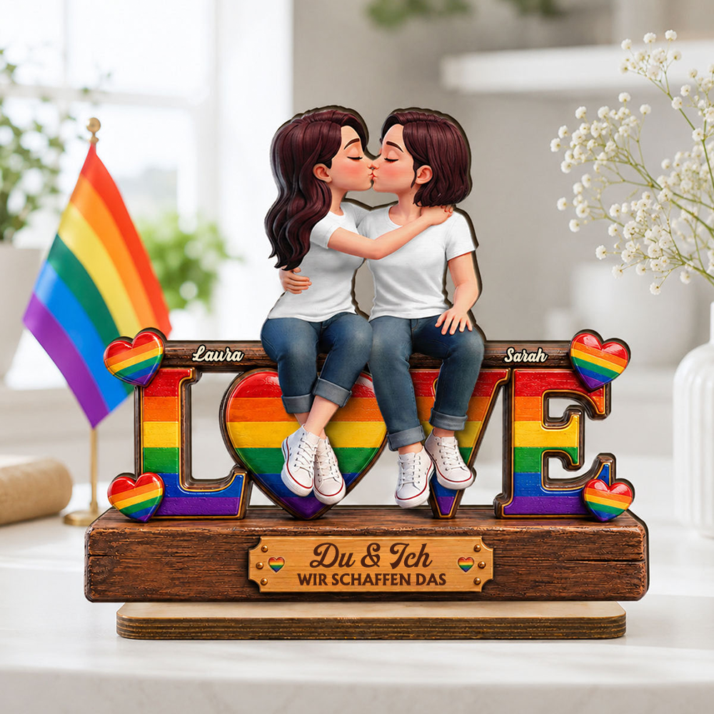 LOVE-Holzaufsteller mit Regenbogenmotiv Personalisiertes Geschenk für LGBT Paar