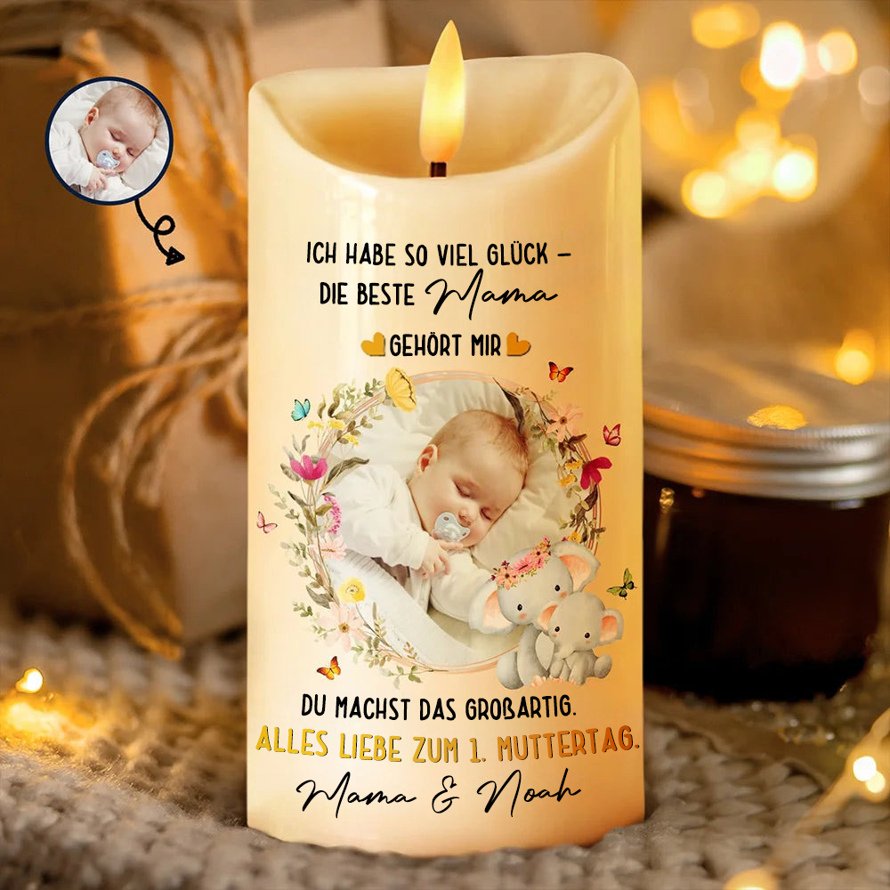 Beste Mama gehört mir  LED-Kerze mit Foto und Text Geschenk für neue Mama