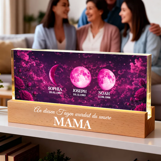 "An diesen Tagen wurdest du unsere Mama" Personalisiertes LED-Nachtlicht mit Mondphasen und Text