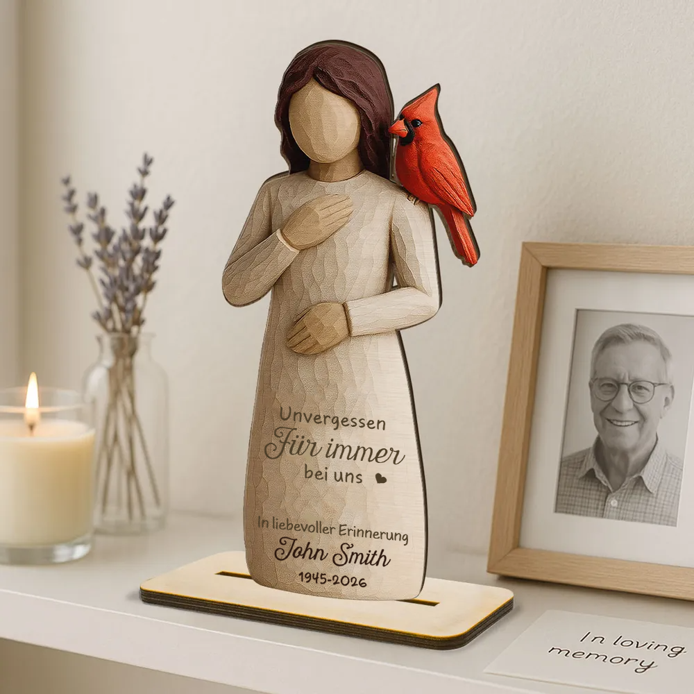 Frau und Rotkardinal-Personalisierter Holzaufsteller Trauergeschenk