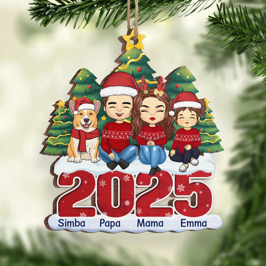 2025 Familie- Personalisierter Holzanhänger Christbaumschmuck mit Eltern, Kinder, Hund und Katze