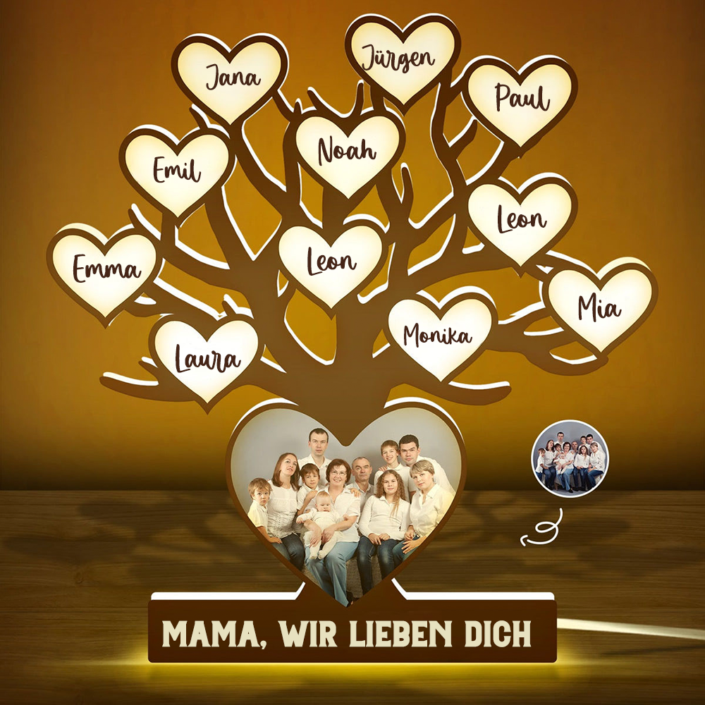 Personalisierte LED-Lichtbox mit Familienbaum Foto-Leuchtbox mit Text und Namen Geschenk für Mama und Oma