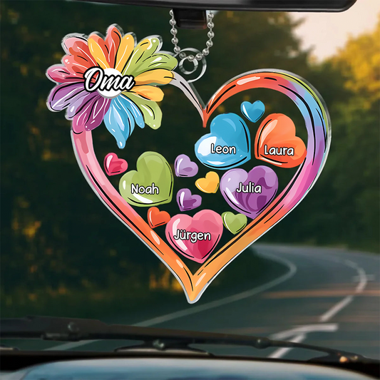Bunte Herzen-Personalisierter Autoanhänger aus Acryl für Oma und Mama
