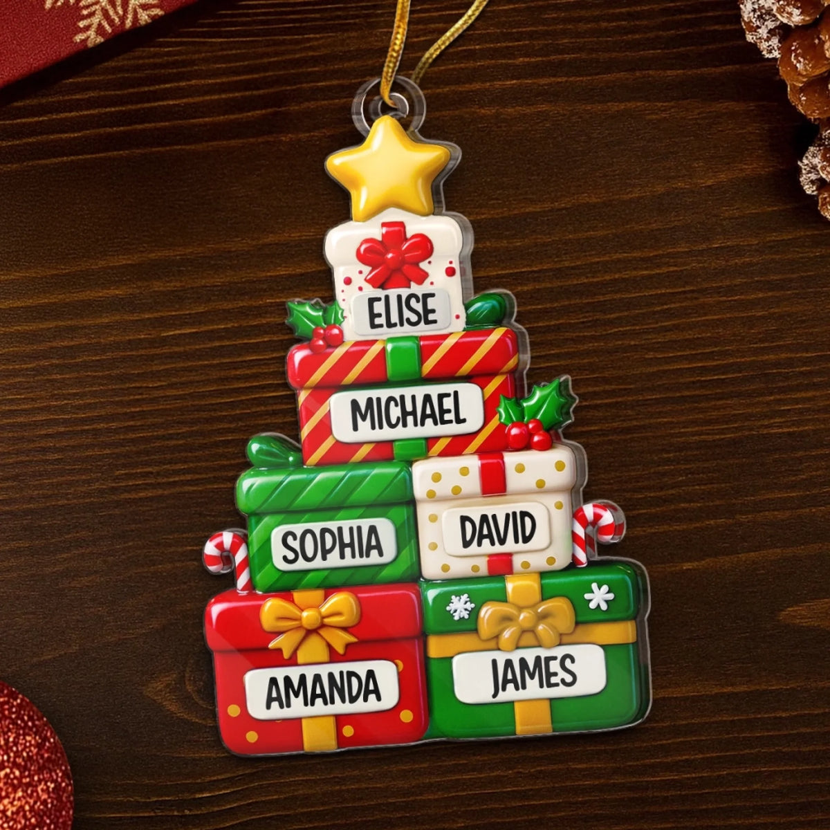 Acrylornament mit Geschenken Personalisierter Christbaumchmuck mit Namen