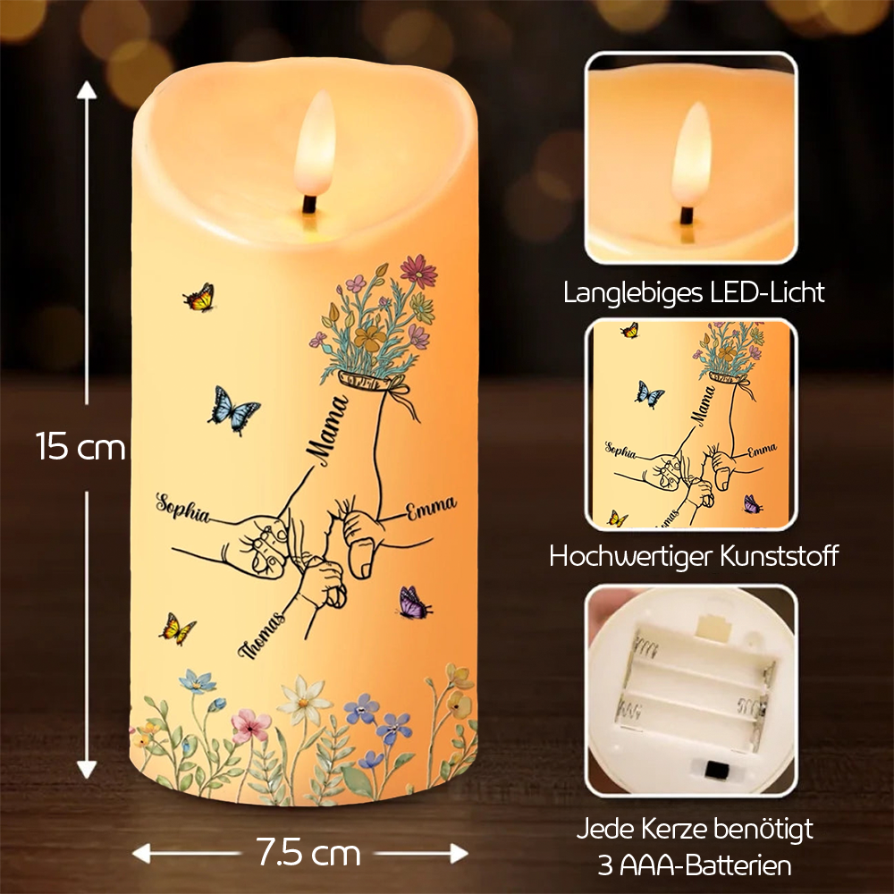 Personalisierte LED-Kerze mit Hand-in-Hand-Motiv Geschenk für Mama und Oma
