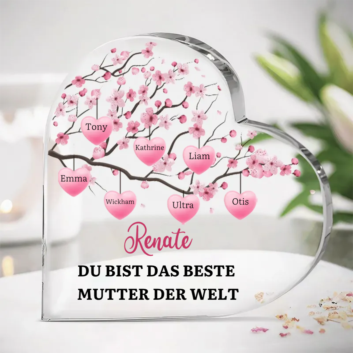 Acrylherz mit Kirschbaum und 1-8 Namen personalisiert für Mutter und Großmutter