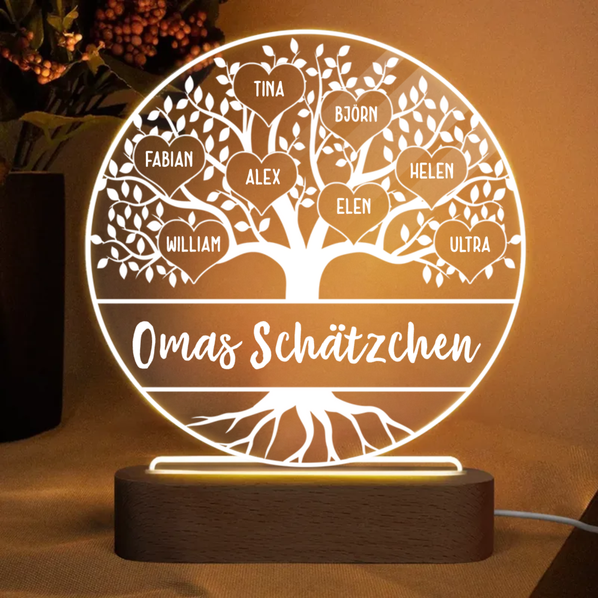 LED Nachlicht mit Familienbaum, Wunschtext und 1-10 Namen personalisiert