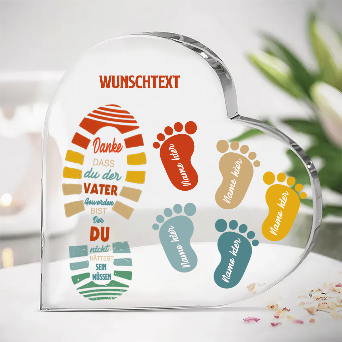 Acrylherz mit Fußabdrücke mit 1-5 Namen personalisiert