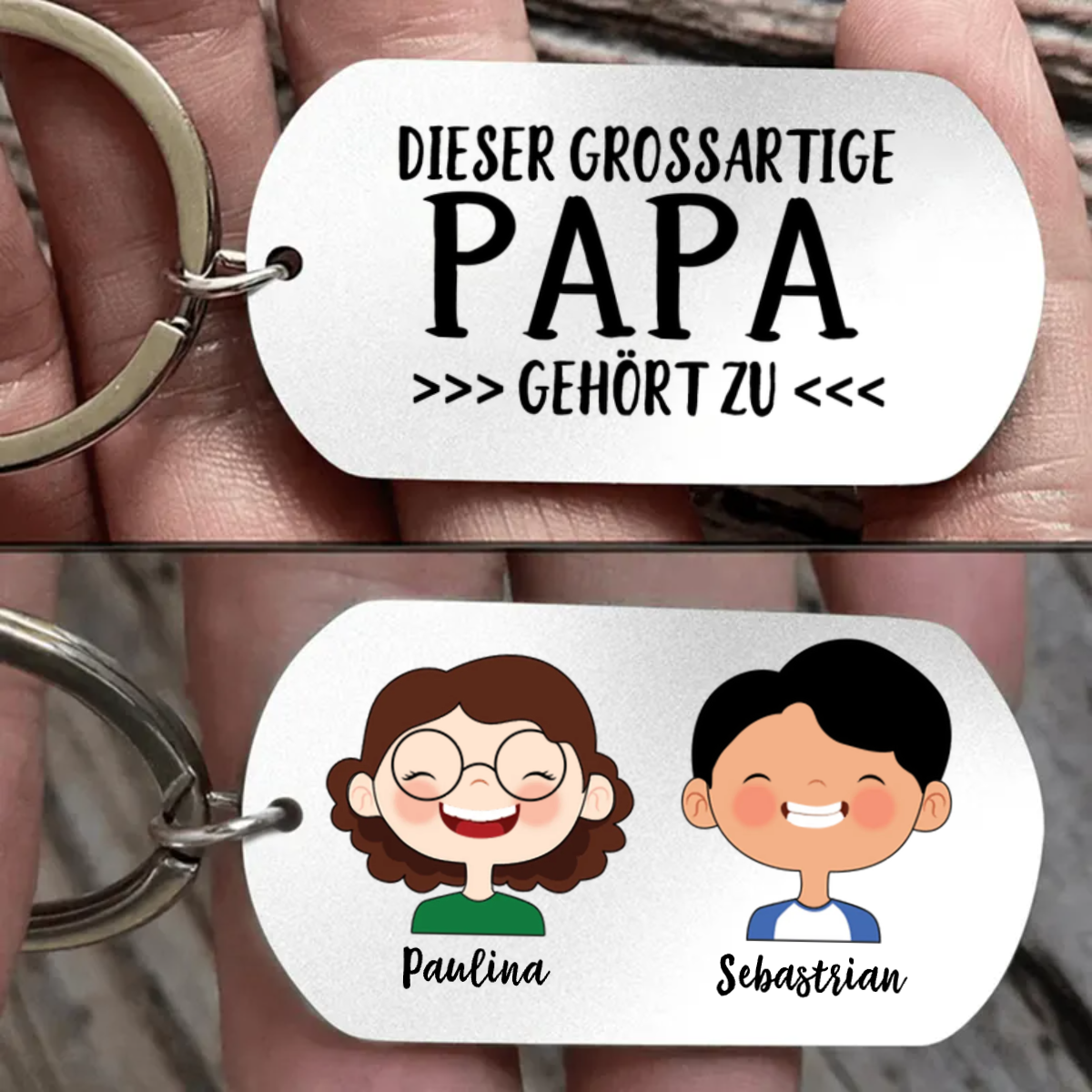 Edelstahl Schlüsselanhänger Motiv Cartoon-Puppe für Vater, Mutter, Großvater und Großmutter