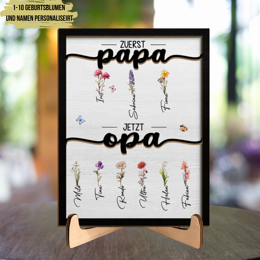 Personalisierte Holzplalkette mit Geburtsblumen Zuerst Papa Jetzt Opa