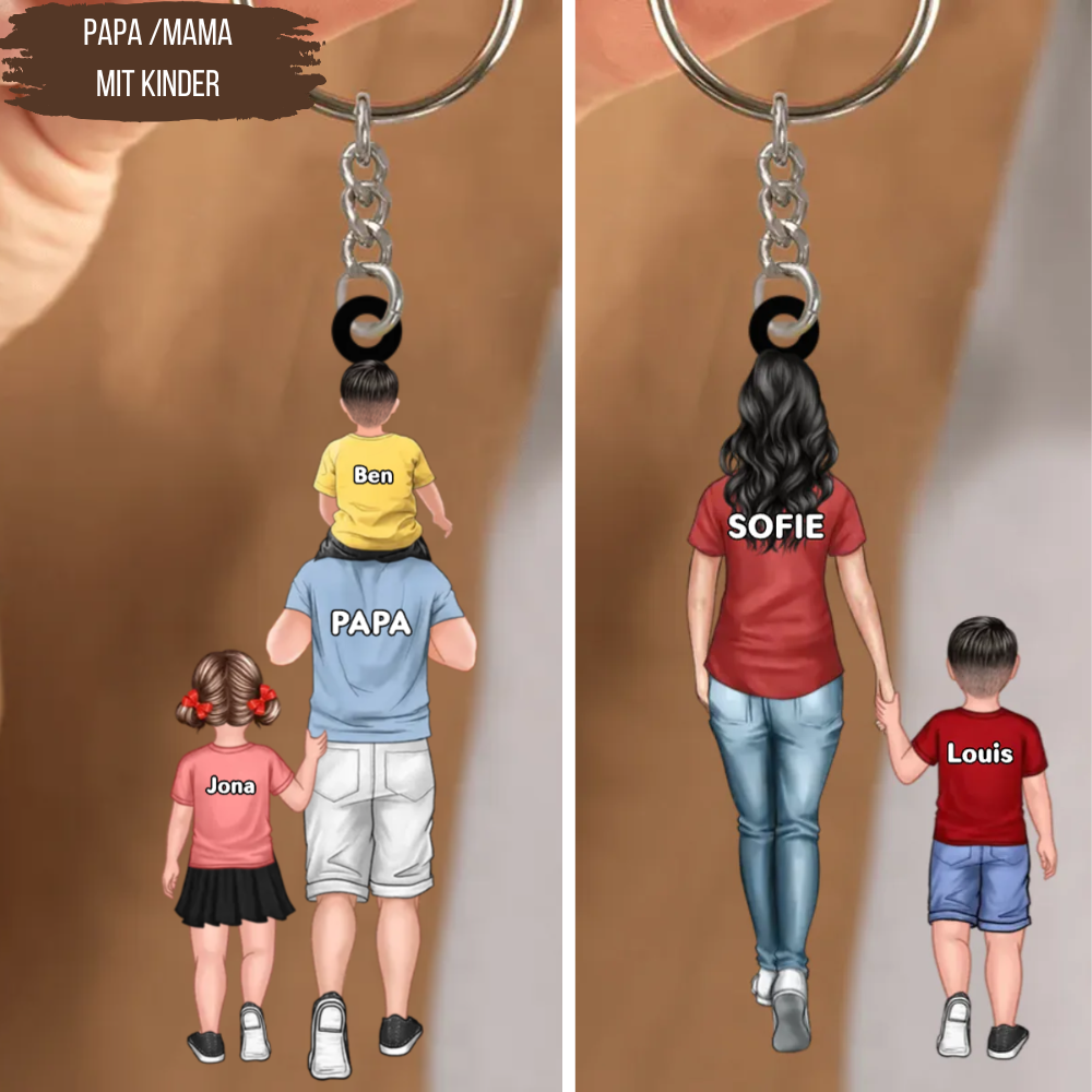 Acryl Schlüsselanhänger Papa/Mama mit Kinder Namen und Figuren Personalisiert