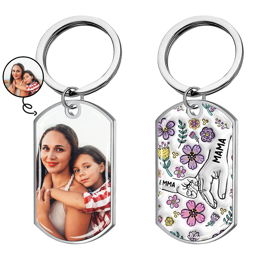 Hand in Hand - Personalisierter Foto-Edelstahl-Schlüsselanhänger mit Expoxidharz Geschenk für Oma und Mama