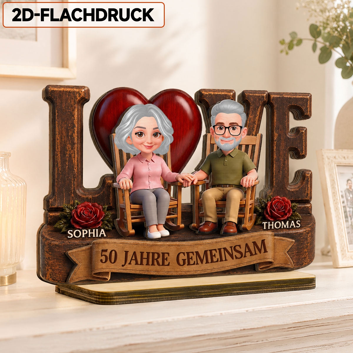 Personalisierter Holzaufsteller für Paare mit LOVE-Motiv und Wunschjahr Geschenk zum Jahrestag