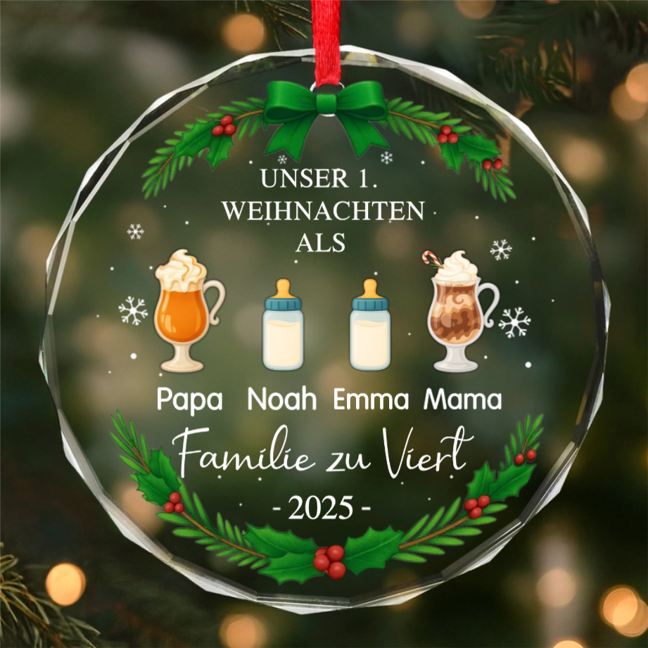 Glas-Ornament mit Getränke und Namen "Erstes Weihnachten als Familie zu..." Personalisierter Christbaumschmuck