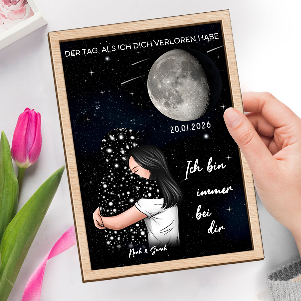 Personalisierter Holzaufsteller mit Mondphase zum liebevollen Gedenken Trauergeschenk
