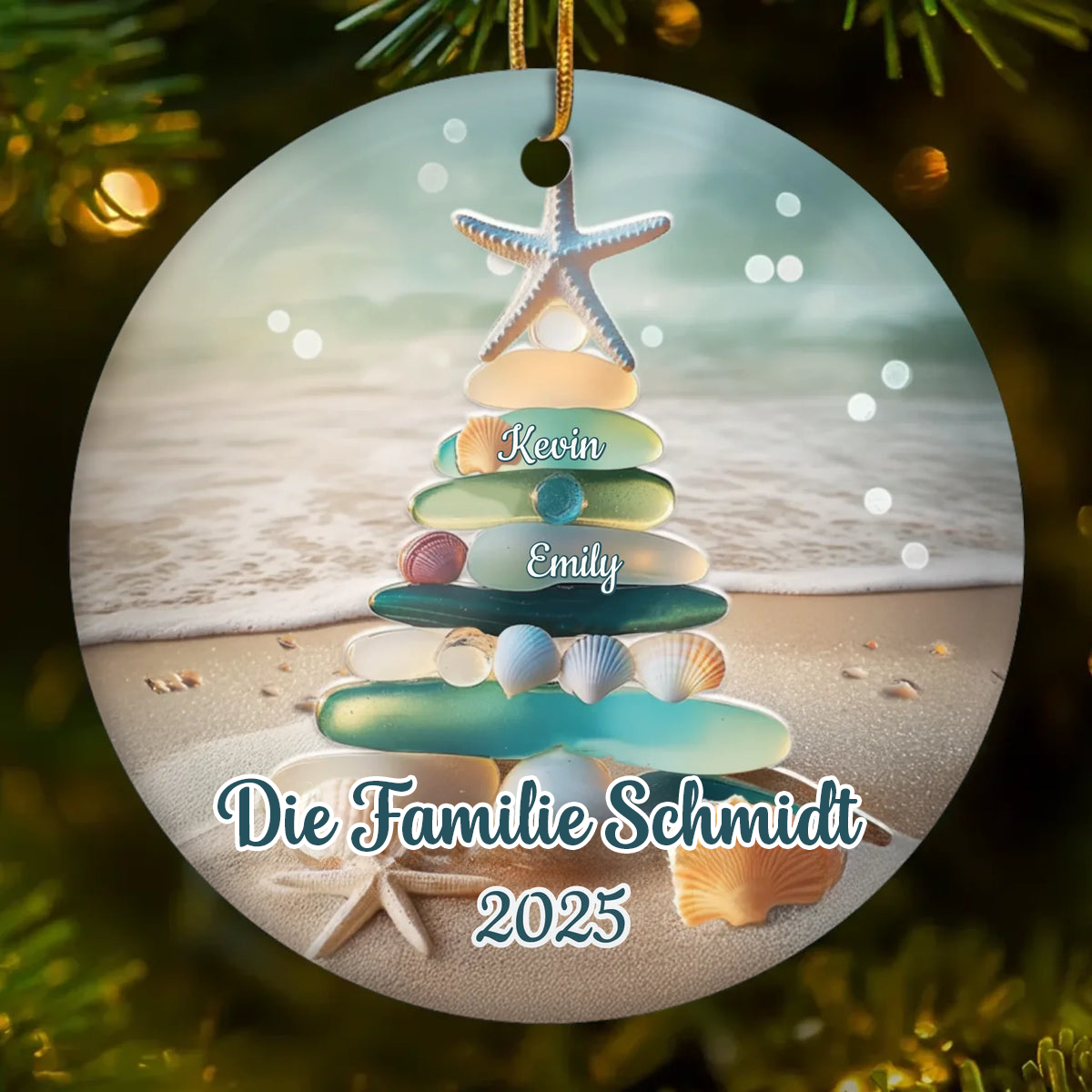 Personalisiertes Keramikornament mit Meerglas Christbaumschmuk mit Namen