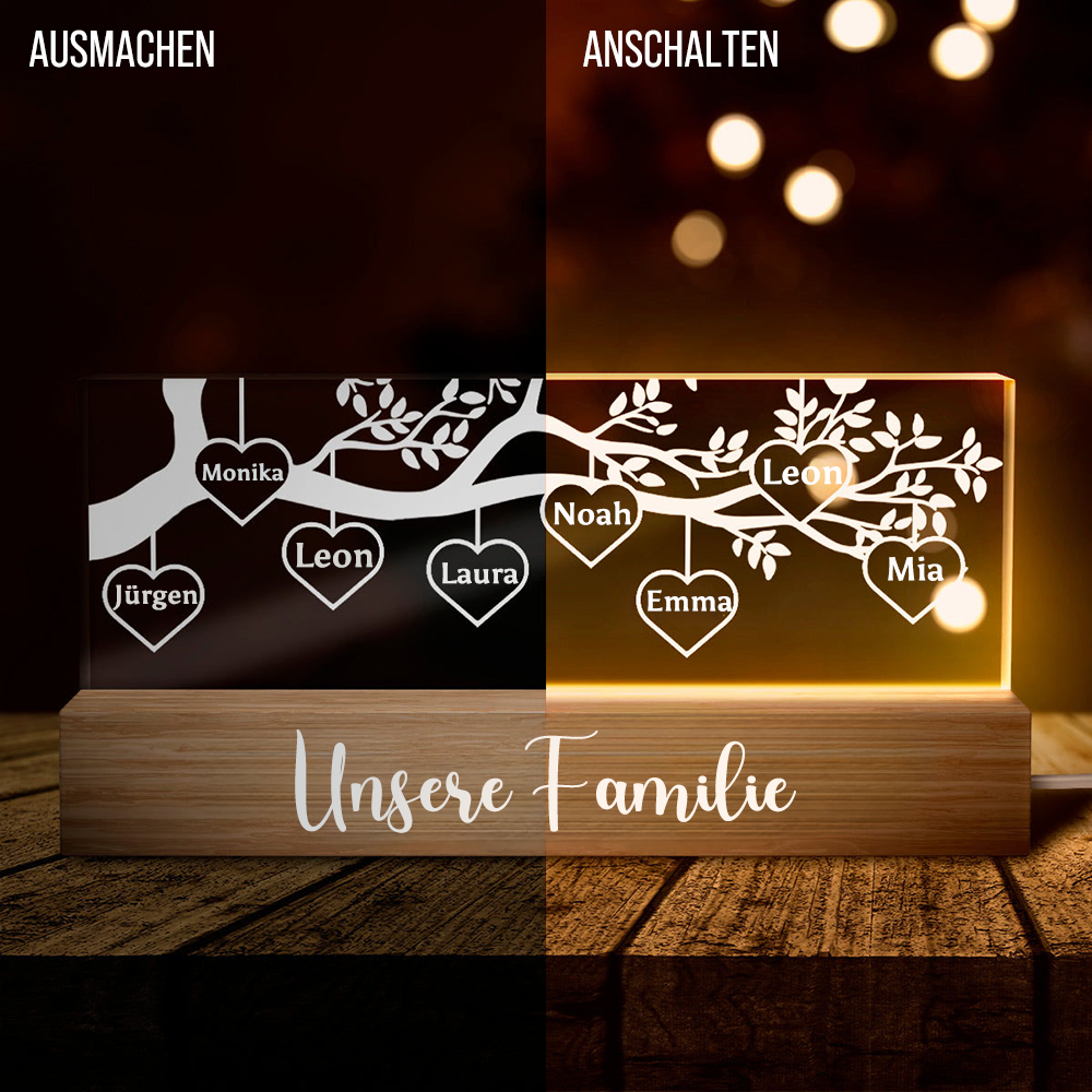 Familienbaum - Personalisierte LED-Nachtlicht mit 1-8 Namen Geschenk für Familie