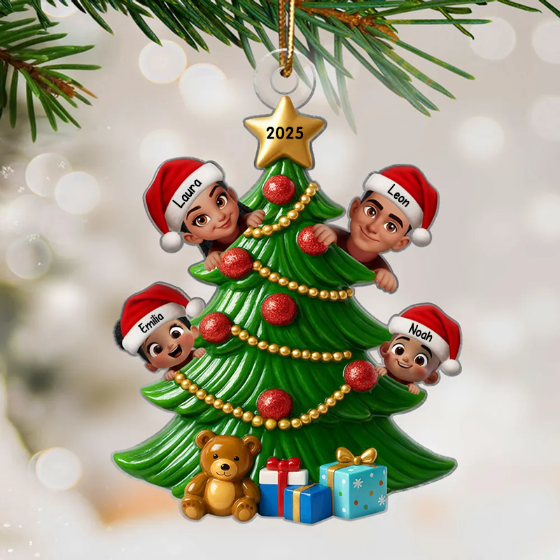 Personalisierter Acrylanhänger mit Eltern und Kinder Christbaumschmuck mit Tannenbaum