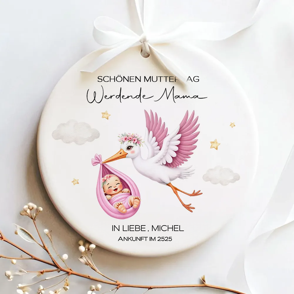 Süßer Storch & Baby – Geschenk für werdende Mamas, personalisierter Keramik-Anhänger