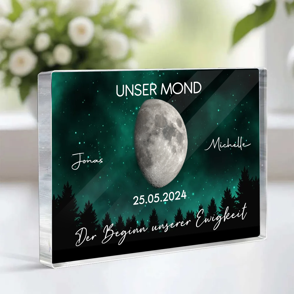 Unser Mond-Personalisierter Acrylblock mit Mondphasen und Text Geschenk für Paar