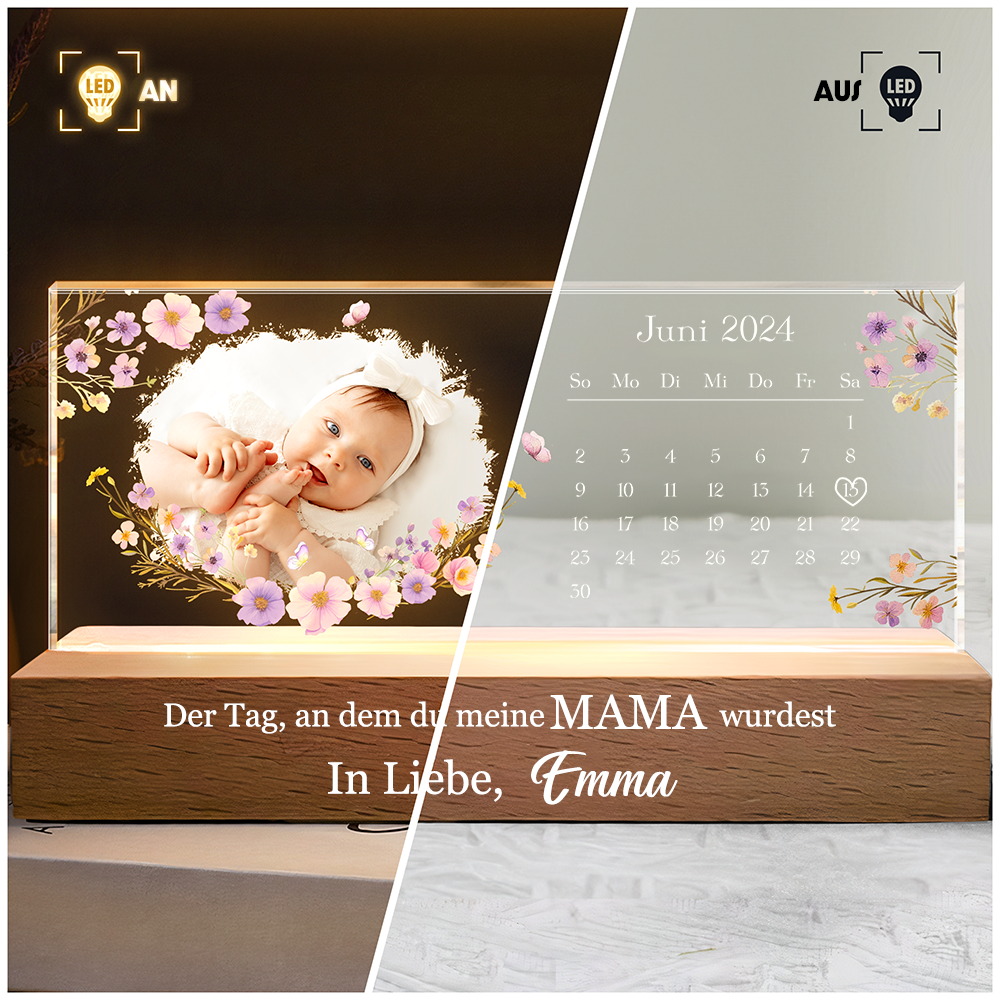 "Der Tag..." Personalisiertes LED-Nactlicht mit Foto und Kalendar Geschenk für Mama, Papa, Oma und Opa