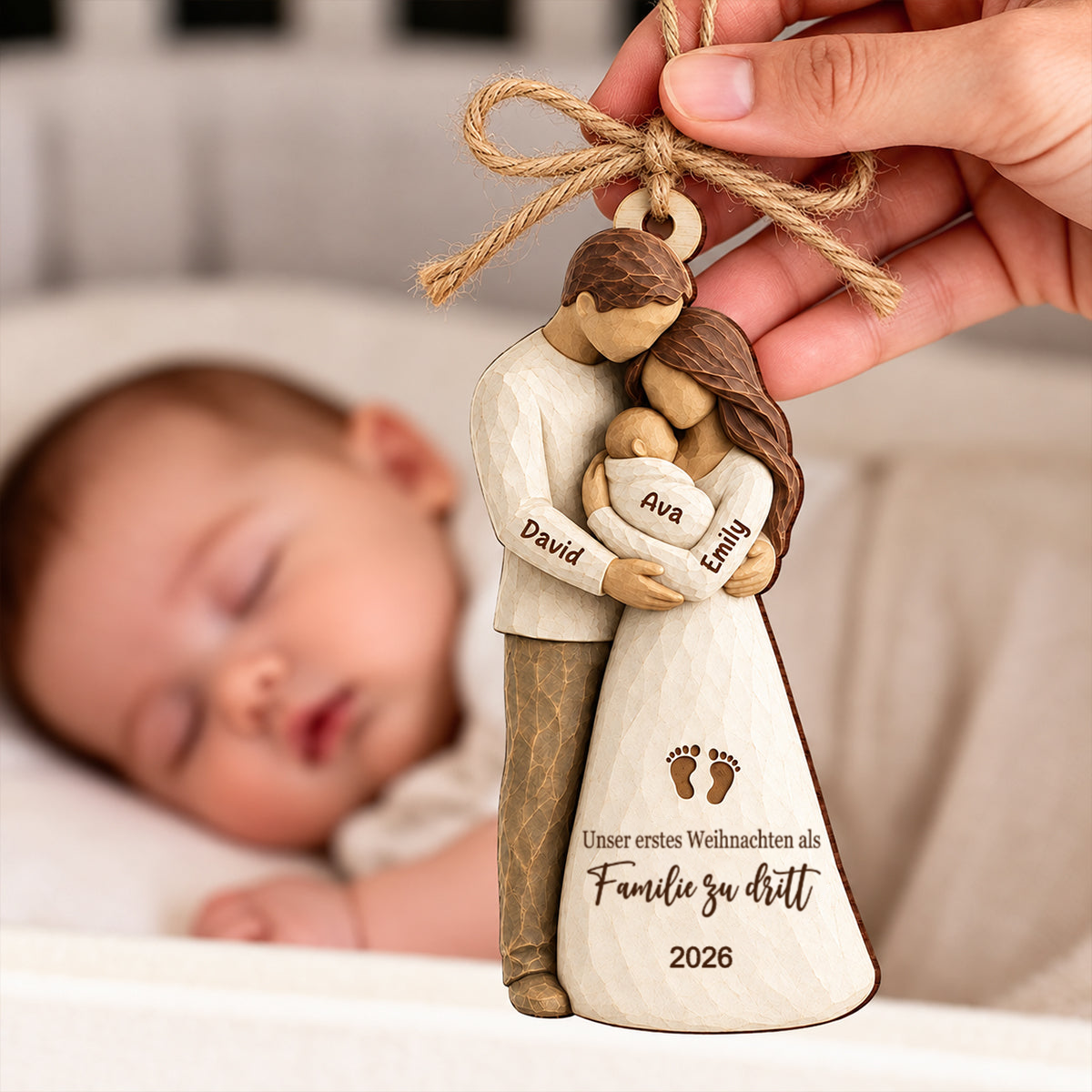 Personalisierter Holz-Weihnachtsanhänger mit Namen – Eltern mit Baby