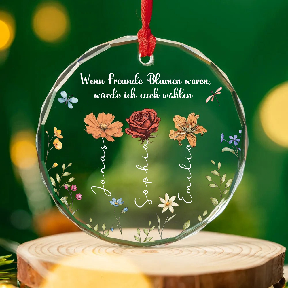 Personalisierter Glas-Weihnachtsanhänger für Freunde mit Geburtsblumen