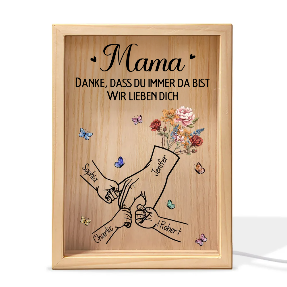 Personalisierte Holzrahmen-Lichtbox mit Hand-in-Hand und Geburtsblumen Geschenk für Mama und Papa
