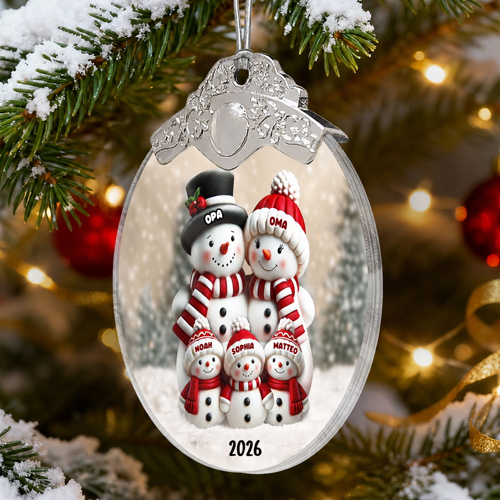 Personalisierter Glas-Weihnachtsanhänger – Schneemannfamilie
