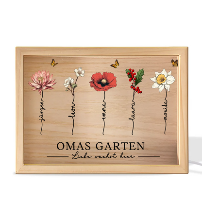 Omas Garten-Personalisierte Holzrahmen-Lichtbox mit Geburtsblumen und Text für Oma und Mama