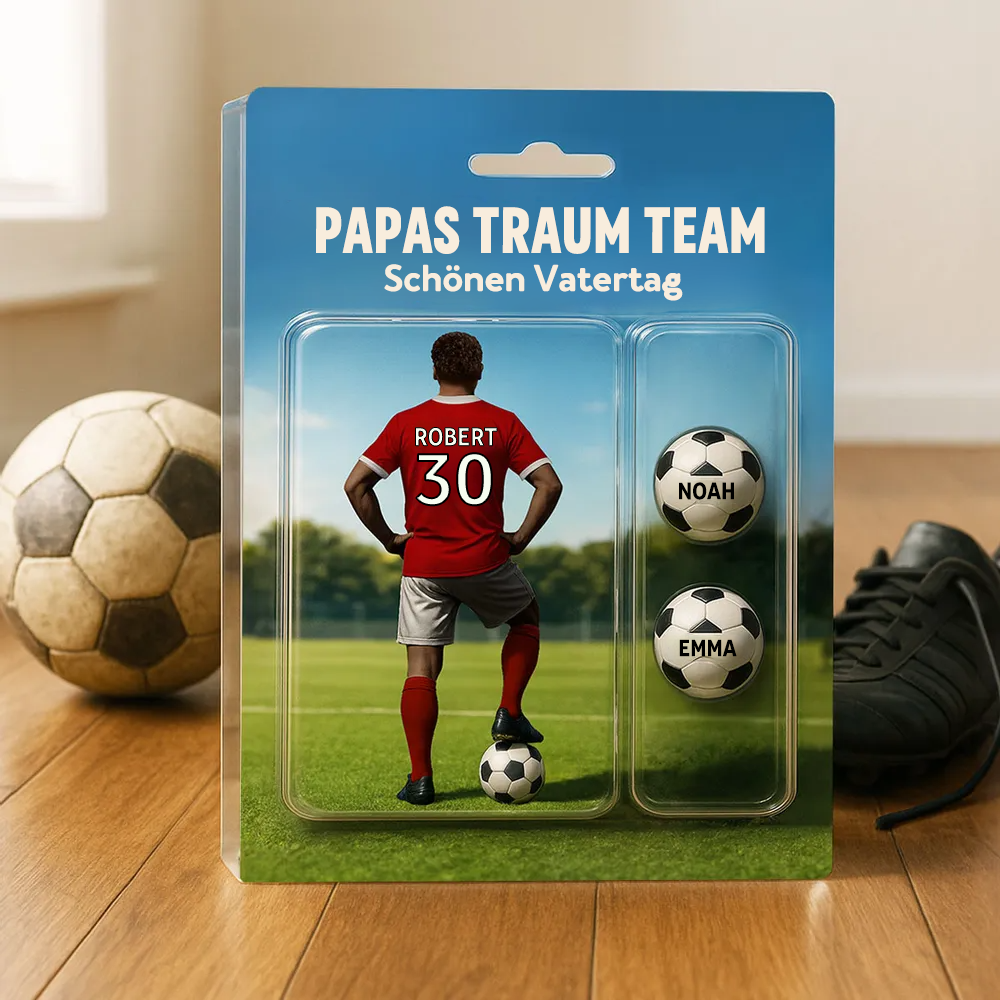 „Papas Traum Team!“ – Personalisierte Fußball-Acrylplatte für Papa