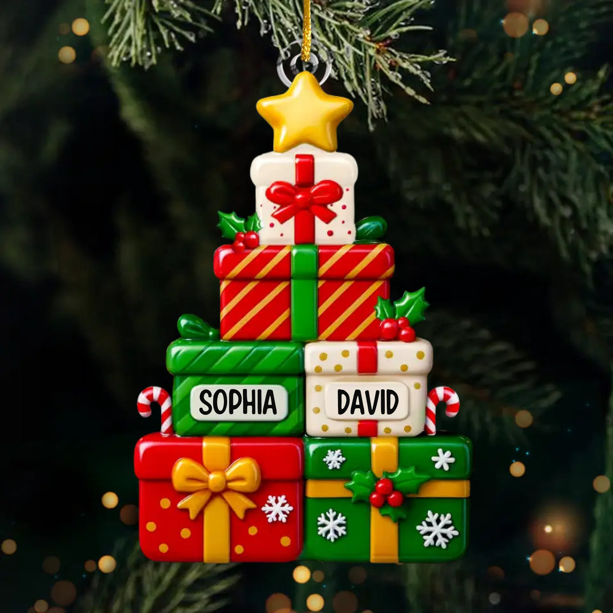 Acrylornament mit Geschenken Personalisierter Christbaumchmuck mit Namen