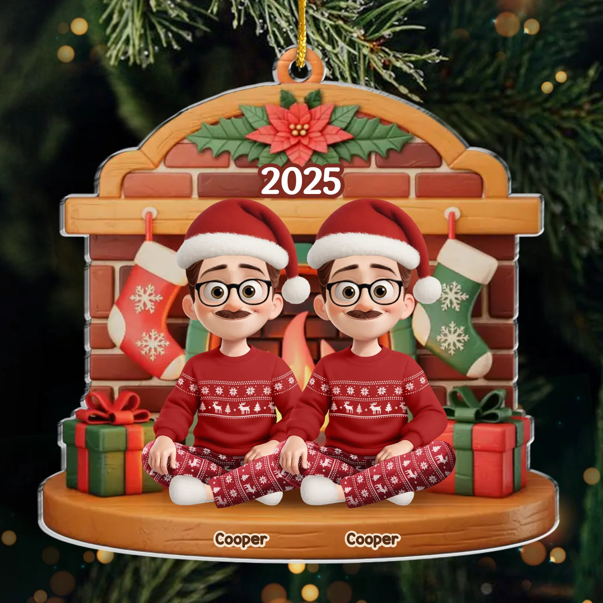 Familie am Kamin - Personalisierter Acrylanhänger mit 2-6 Personen oder Haustiere Christbaumschmuck mit Katze und Hund