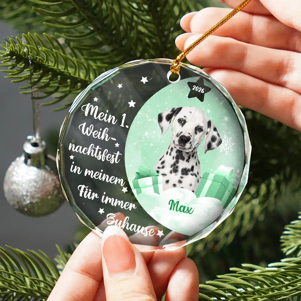 Personalisierter Glas-Weihnachtsanhänger für Haustiere mit Foto – Mein erstes Weihnachtsfest