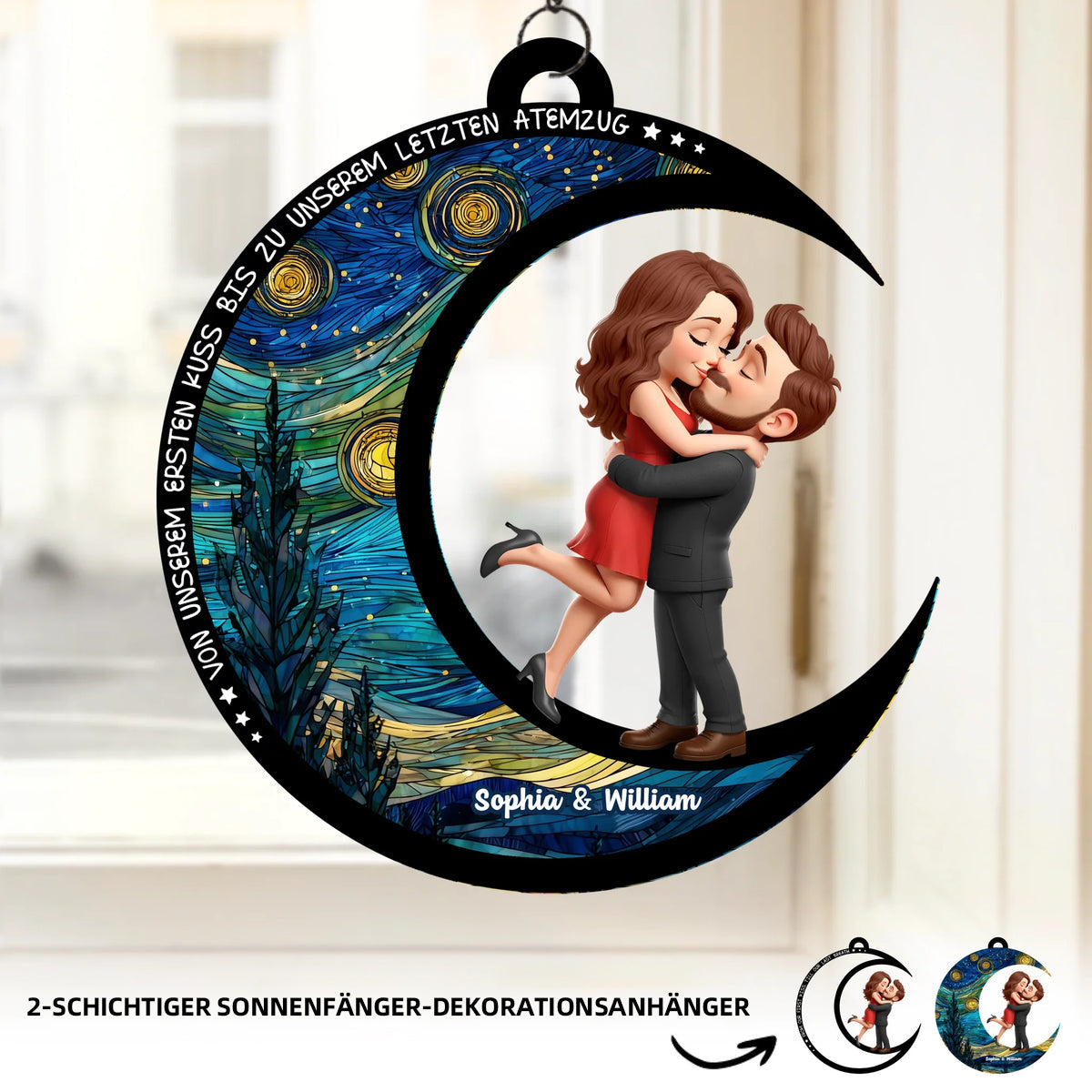 Personalisierter Sonnenfänger mit Mondmotiv Paar auf dem Mond