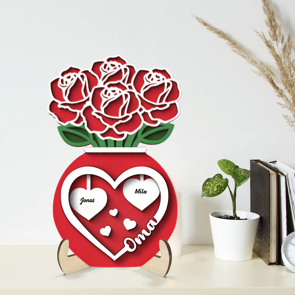 Rosenstrauß in Vase Personalisierter 2-Schicht-Holzaufsteller für Mama und Oma