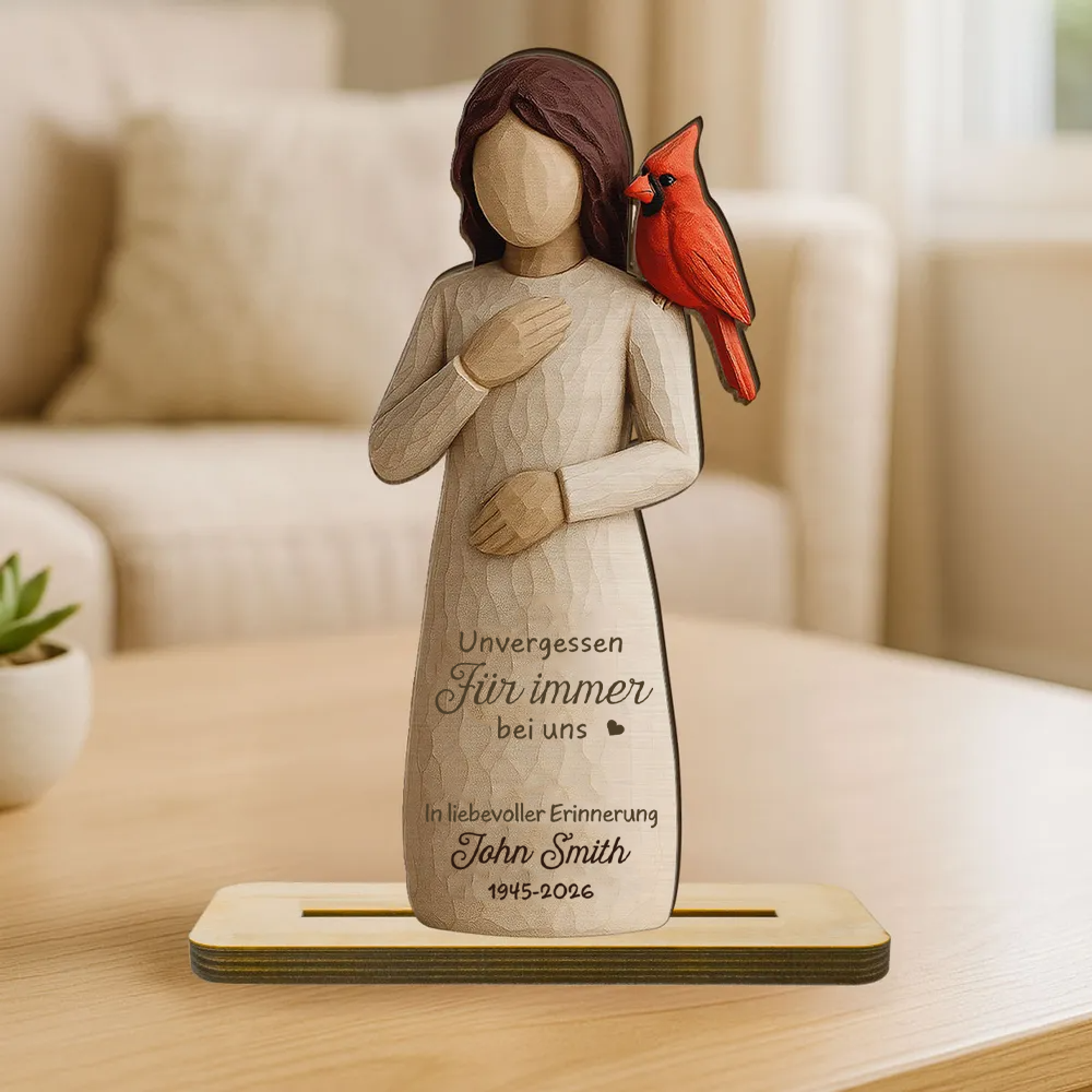 Frau und Rotkardinal-Personalisierter Holzaufsteller Trauergeschenk