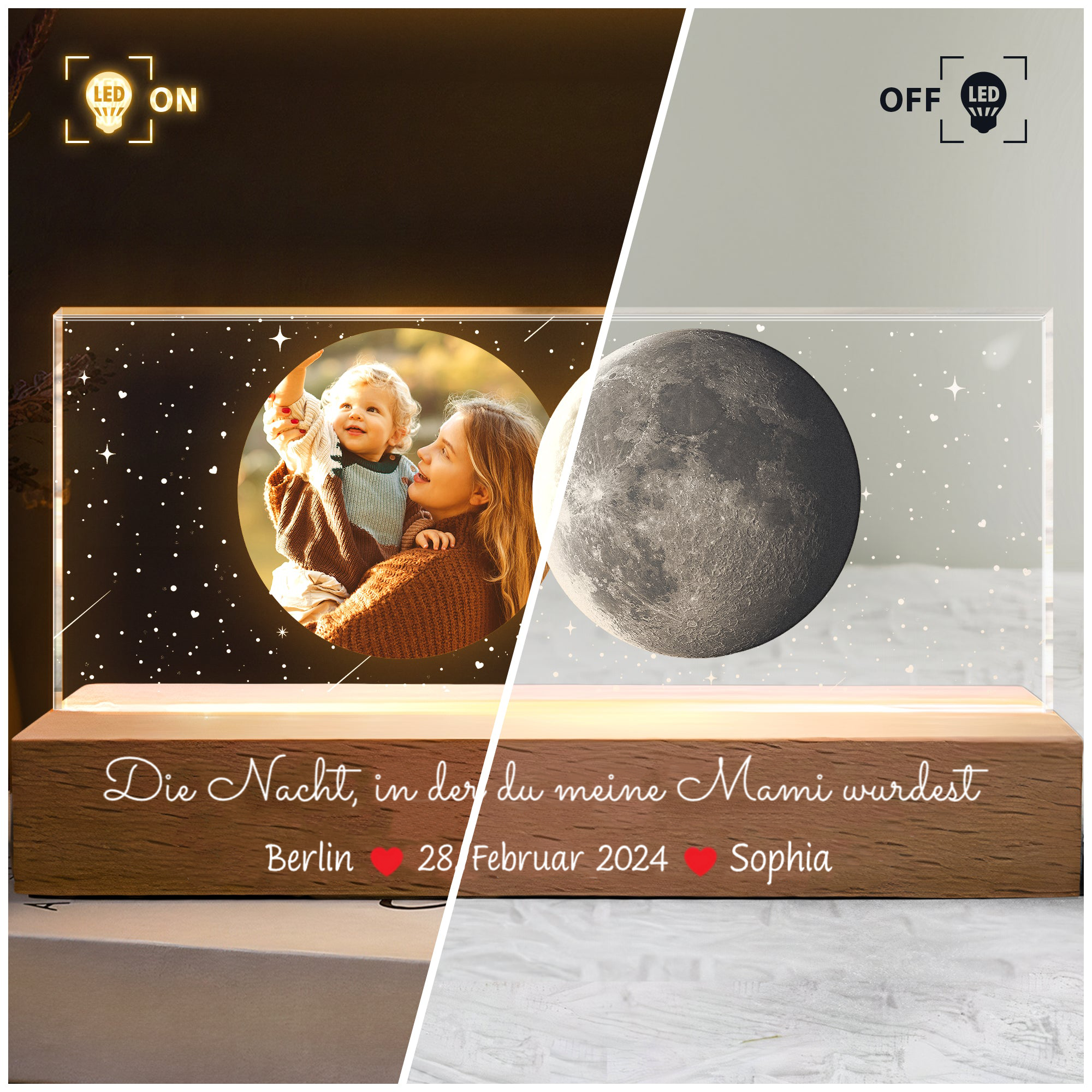 "Die Nacht..." Personalisiertes LED-Nachtlicht mit Foto und Mondphase Geschenk für Mama und Papa