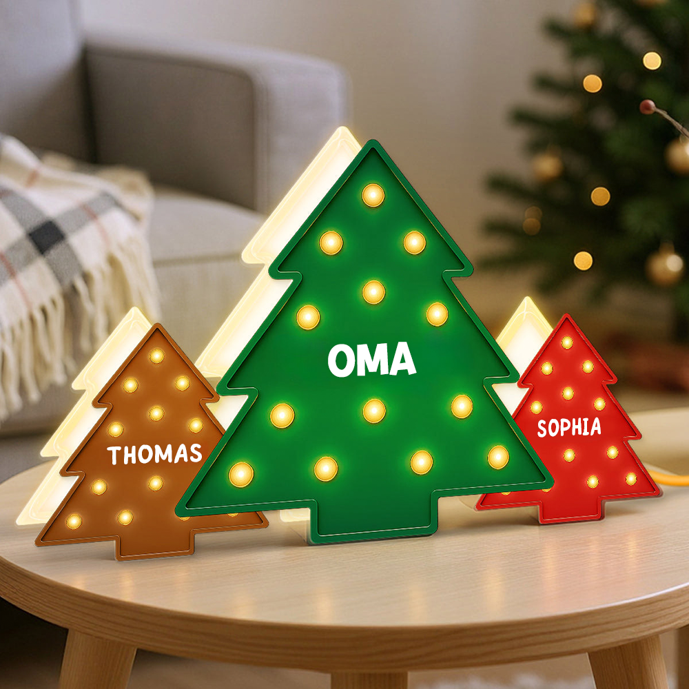 Personalisierte LED-Lichtbox – Weihnachtsbäume mit Namen