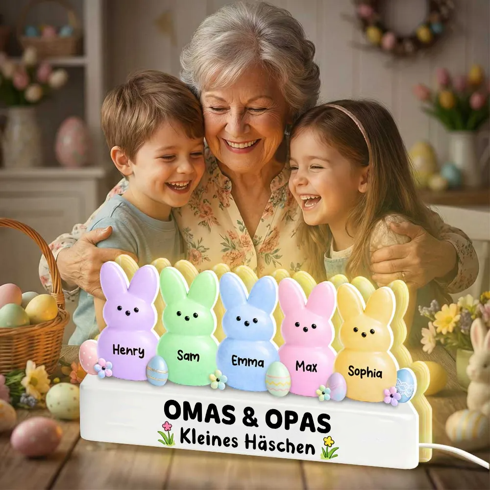 Bunte Osterhasen für Oma & Opa – Personalisierte LED-Lichtbox mit Enkel-Namen | Ostergeschenk für Großeltern