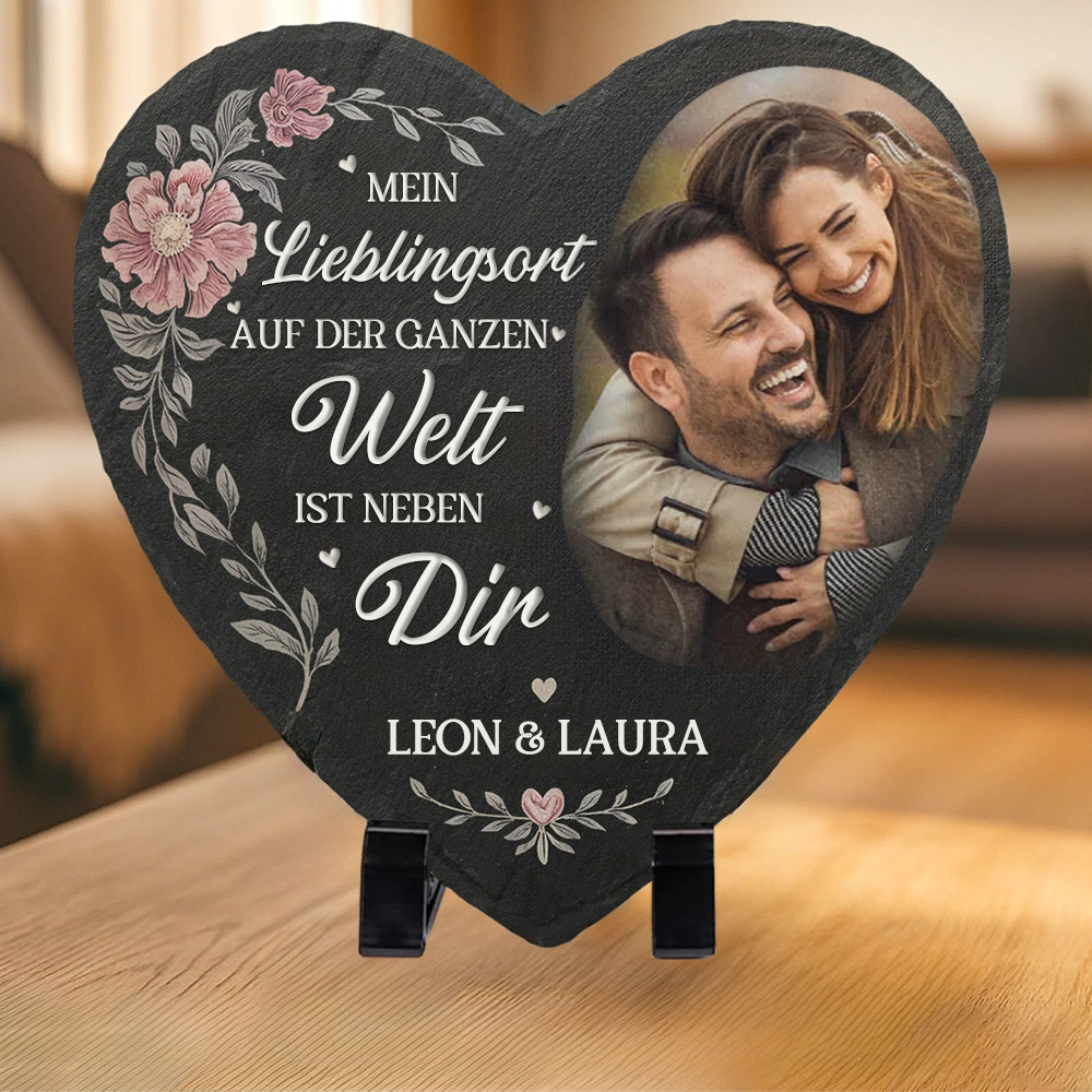 Mein Lieblingsort-Personalisierte Schieferplatte mit Foto für Paare – Herzform mit Stand