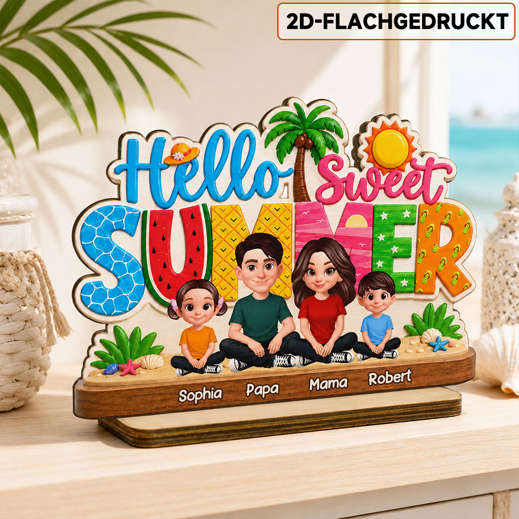 Hello Summer-Personalisierter Holzaufsteller mit Familien im Sommermotiv