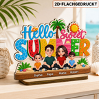 Hello Summer-Personalisierter Holzaufsteller mit Familien im Sommermotiv