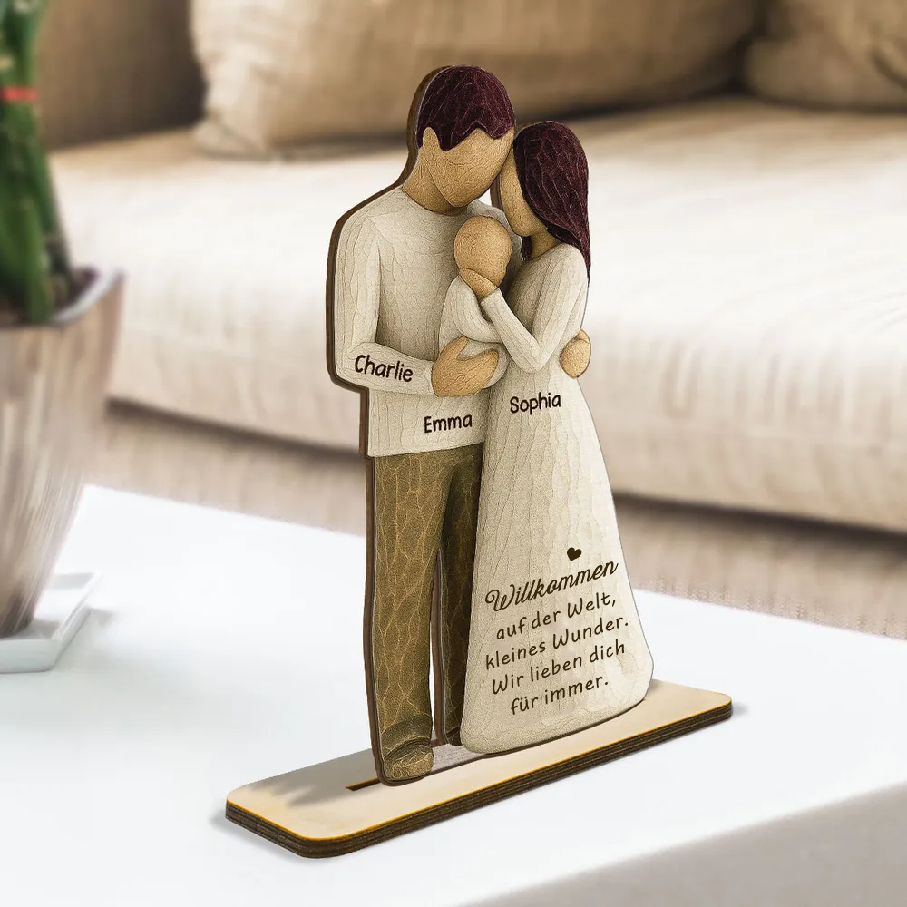 Eltern mit Baby - Personalisierter Holzaufsteller mit Gravur Geschenk für frischgebackene Papa und Mama